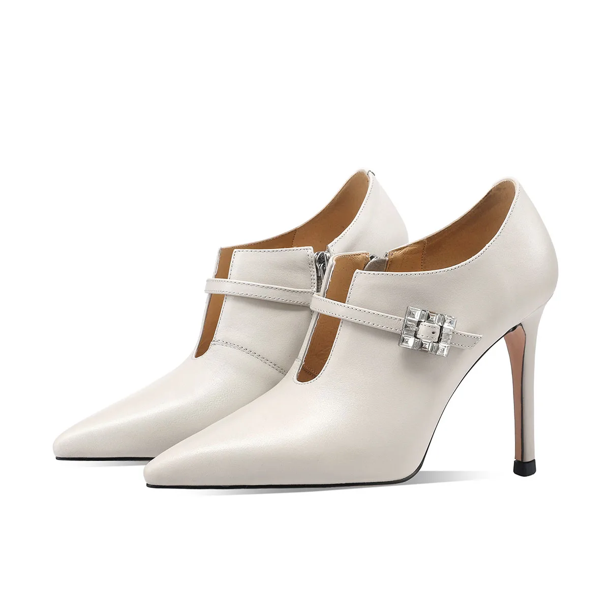 Arden Furtado White cowhide Crystal Single shoe Pointed toe Side zipper Stiletto heel Pumps One word buckle high-heeled shoes