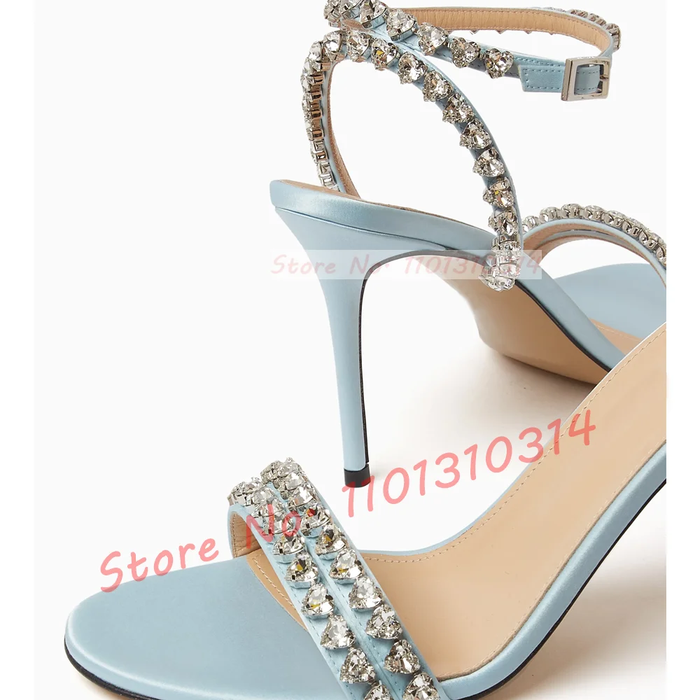 Sparkles Crystal Heart Sandals For Sweet Ladies Trendy Pink Satin Ankle Buckle Strap Shoes Summer Rhinestones Trim Women Sandals