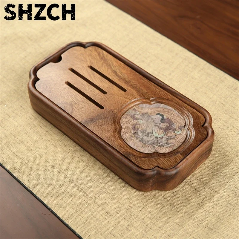 Walnut Tea Tray New Chinese Style Water Storage & Drainage for Tea Room Solid Wood Tea Tray for Home & Office