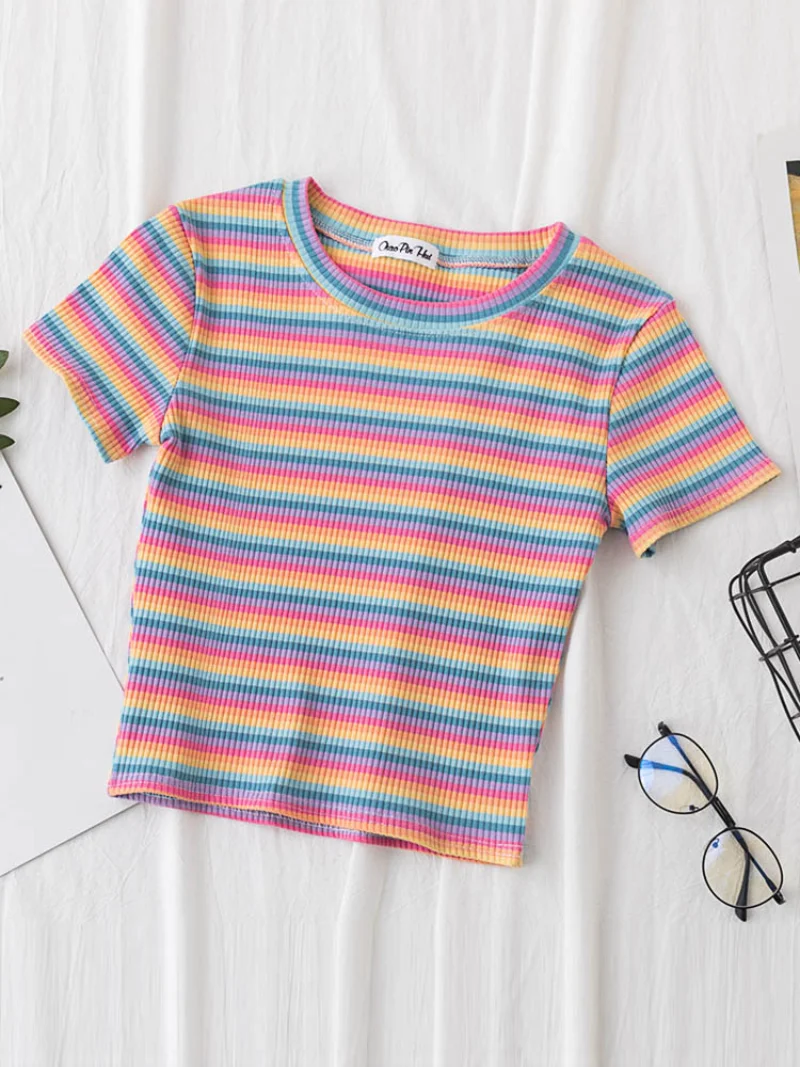 

Summer Short Sleeve Korean T-shirt feminina Clothes Tops New T Shirt Women Rainbow Striped Tops Slim Fit t shirt Harajuku Tshirt