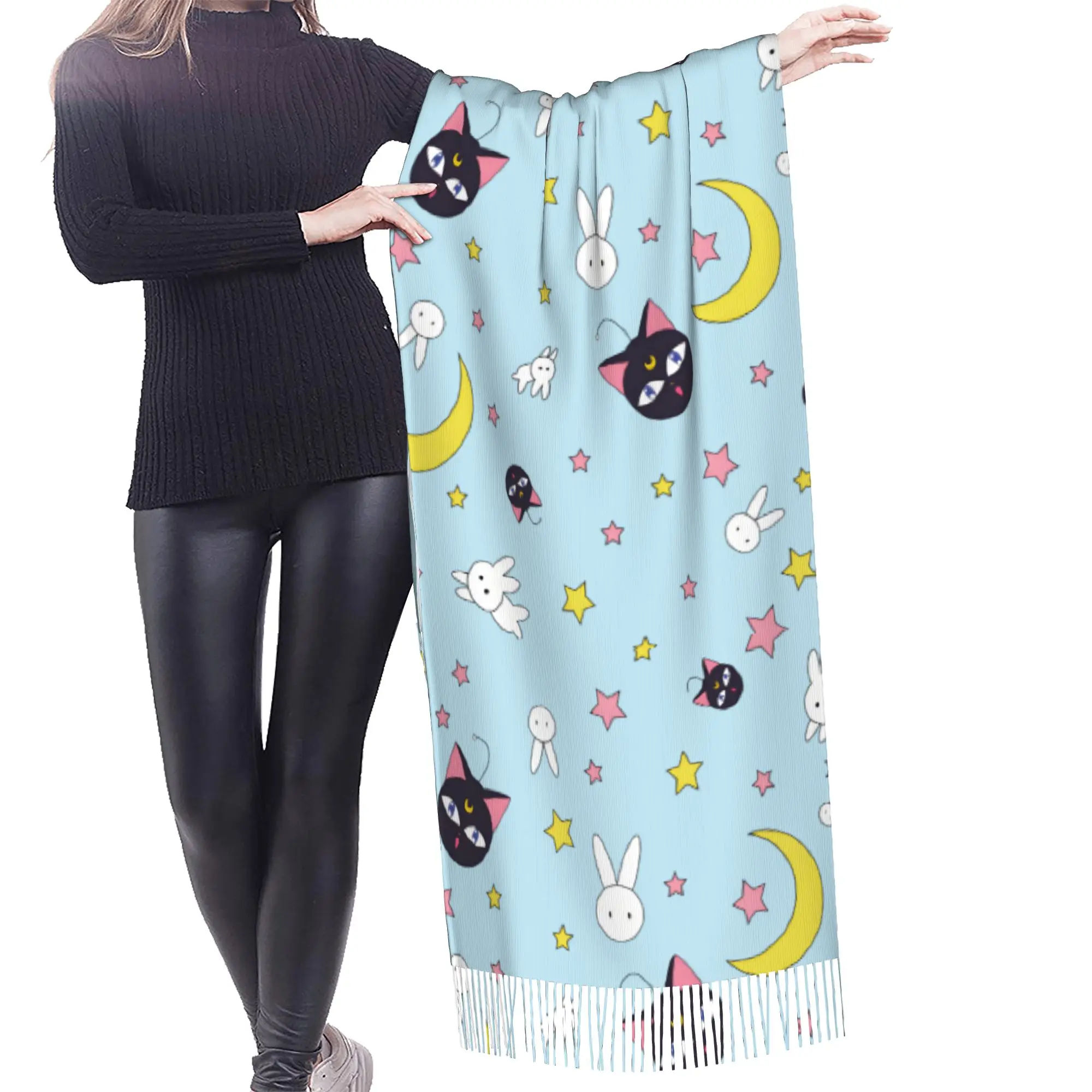 Custom Sailored Manga Anime Mooned Tassel Scarf Women Soft Usagi Tsukino Luna Shawls Wraps Lady Winter Scarves
