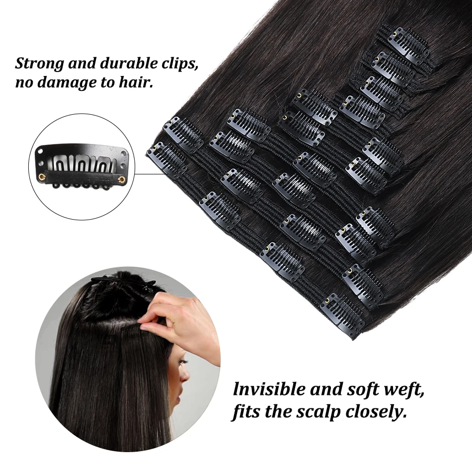 Extensiones de cabello humano con Clip para mujer, 240 gramos, doble trama, liso, 100% Remy, Ruso