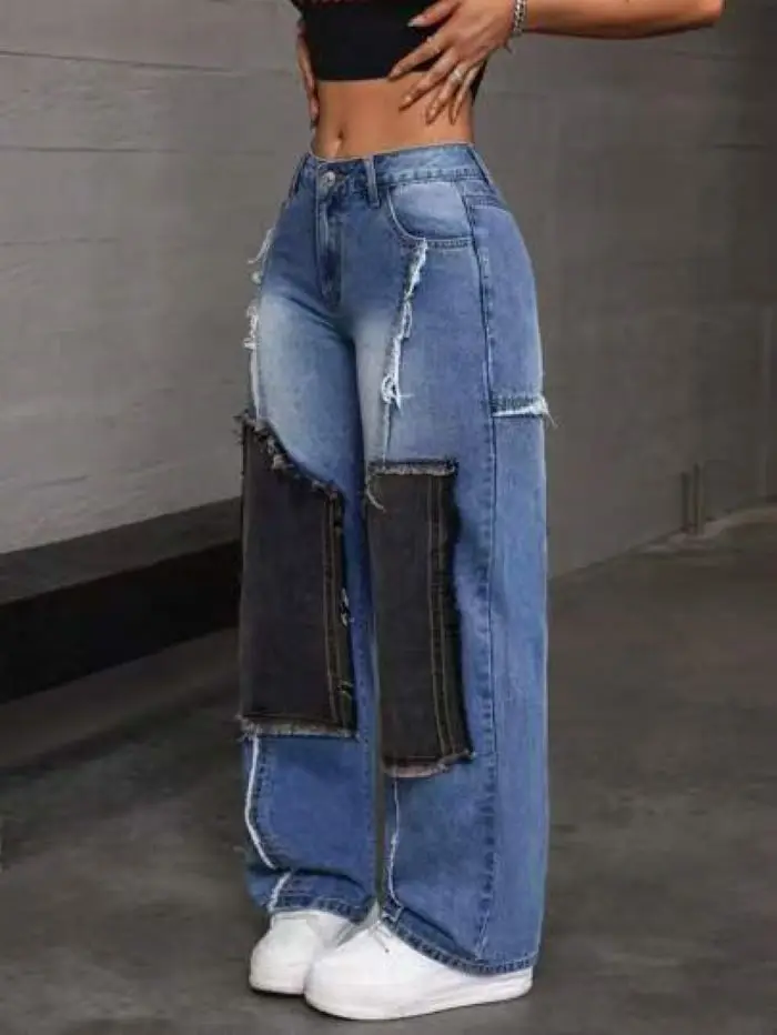 レディースストレートパンツ、マムジーンズ、パッチワーク、ハイウエスト、ダメージ加工、ウォッシュド、ヴィンテージ、フルレングスデニム、Y2Kトラウザーズ、ストリートウェア