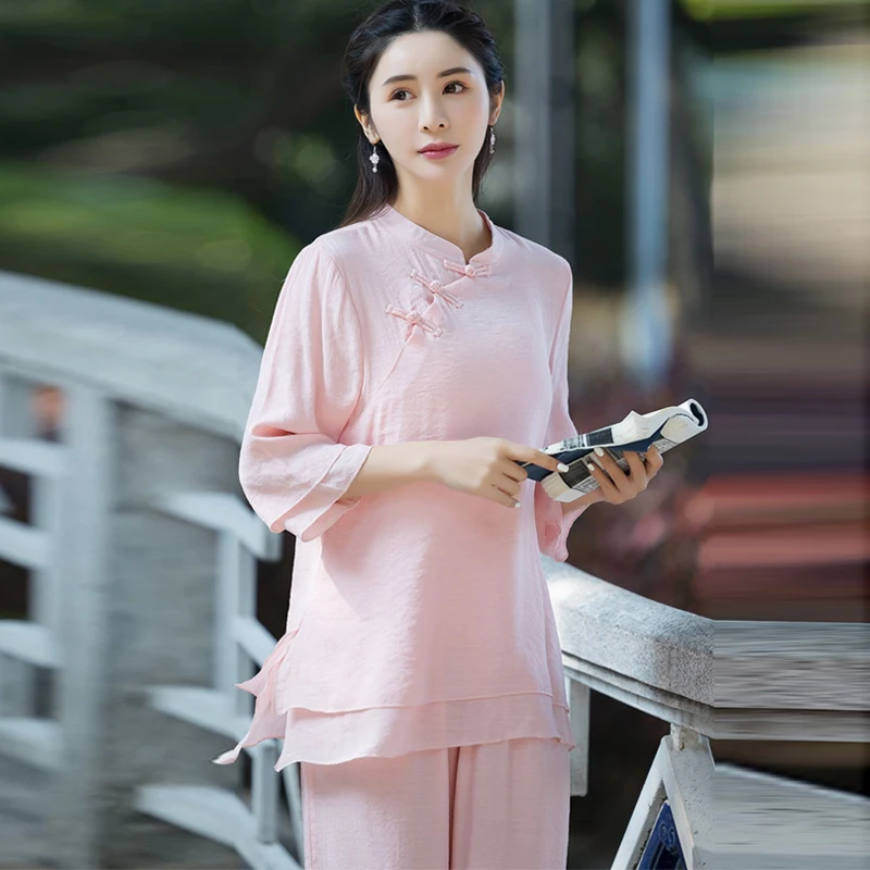 Roupas budistas femininas modernas hanfu estilo chinês jovem kung fu dinastia tang traje de algodão linho tops e calças streetwear