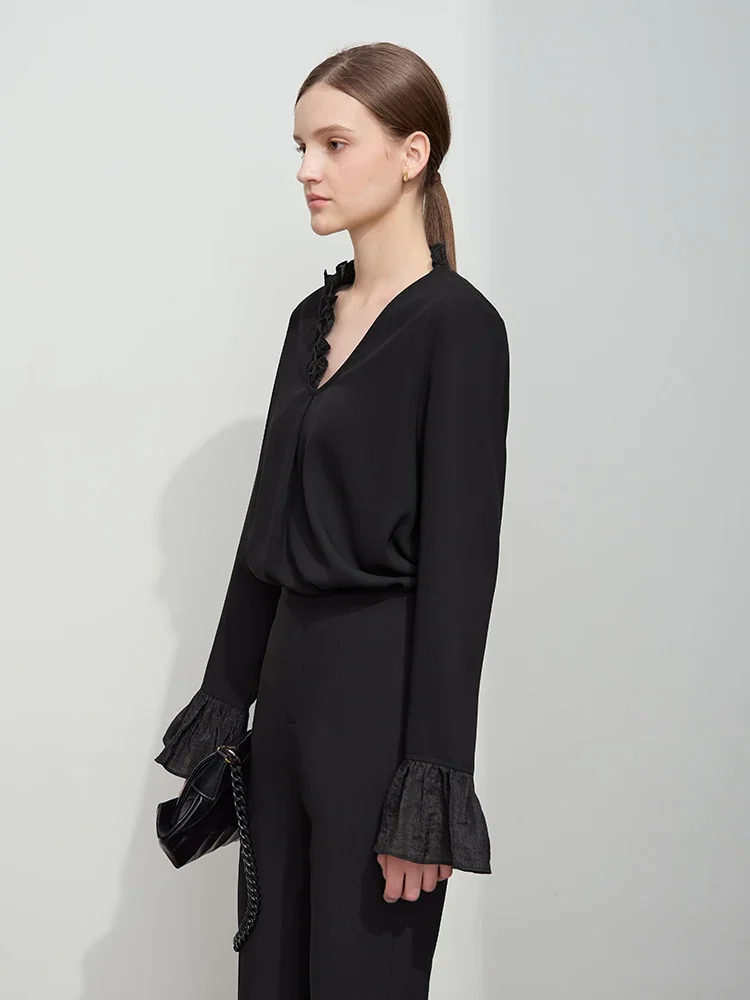 AMII Minimalist Chiffon Shirt For Women 2025 Autumn New Office Lady V-neck Ruffle Splicing Loose Long Sleeved Blouse 12511078