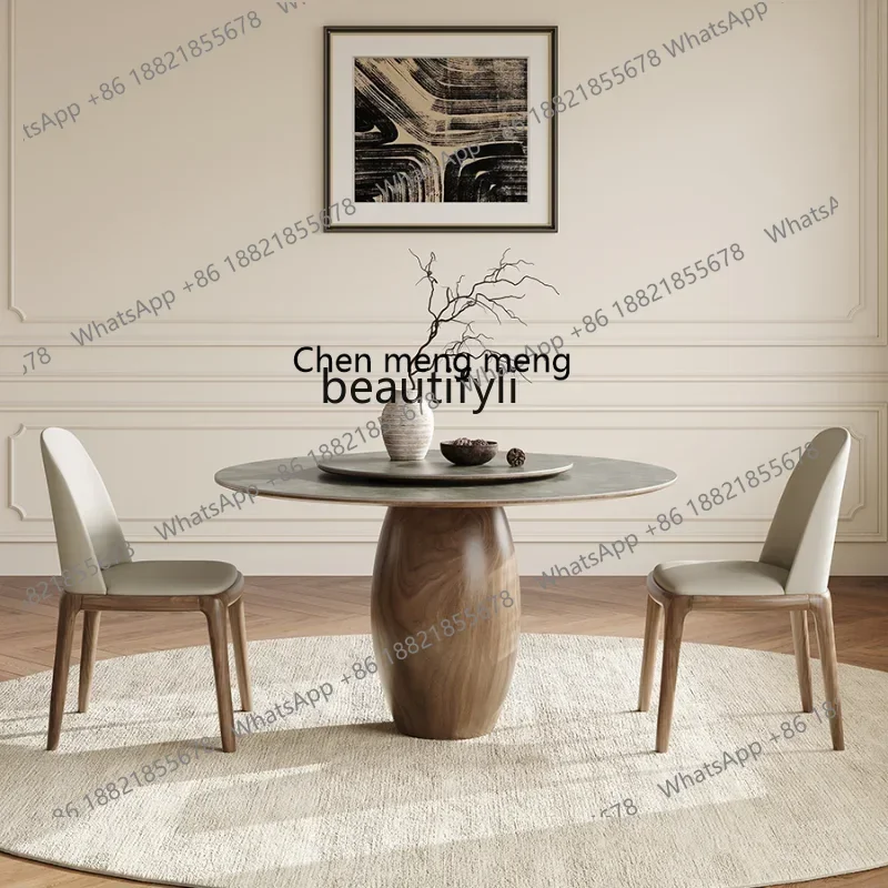 

182QMatte Stone Plate round Table with Turntable Home Modern Minimalist North American Black Walnut Designer Solid Wood