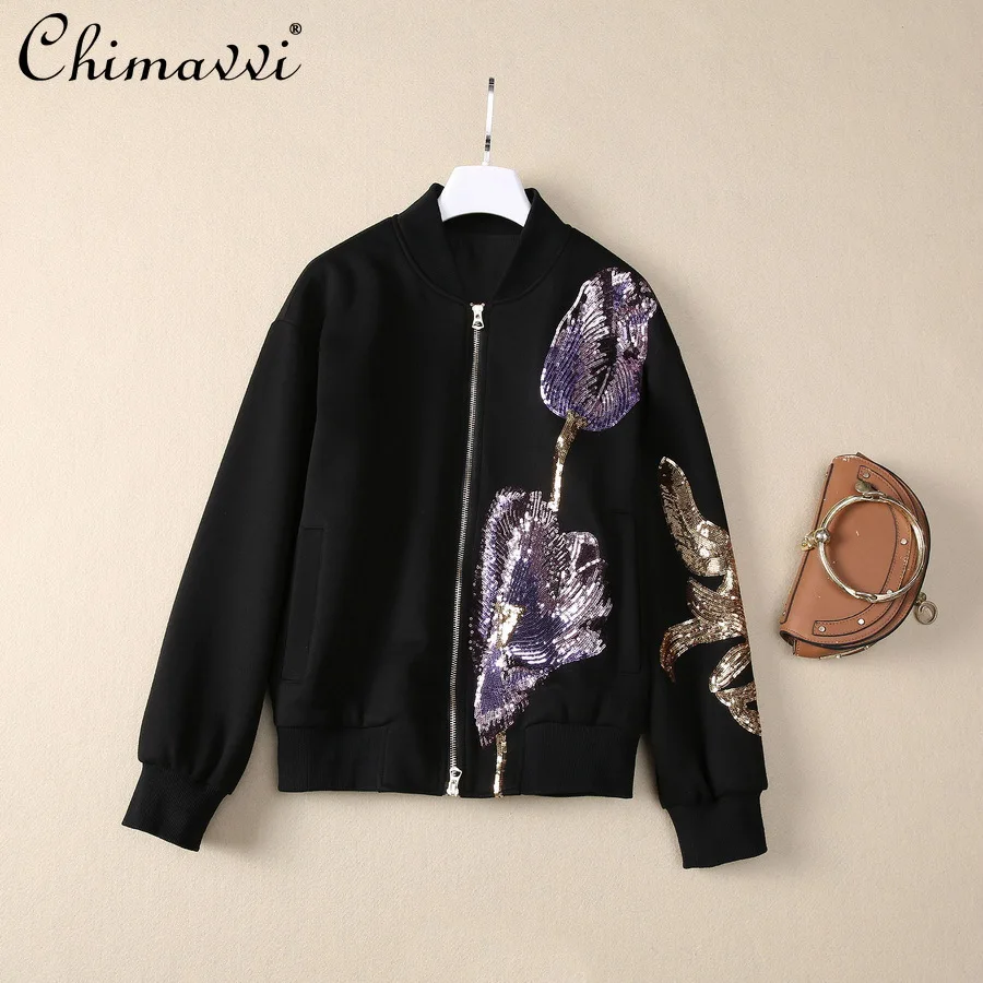 

Fashion Long Sleeve Double Zipper Jacket 2025 Autumn Winter New Heavy Sequin Flower Short Jacket Roman Knit Coat for Women
