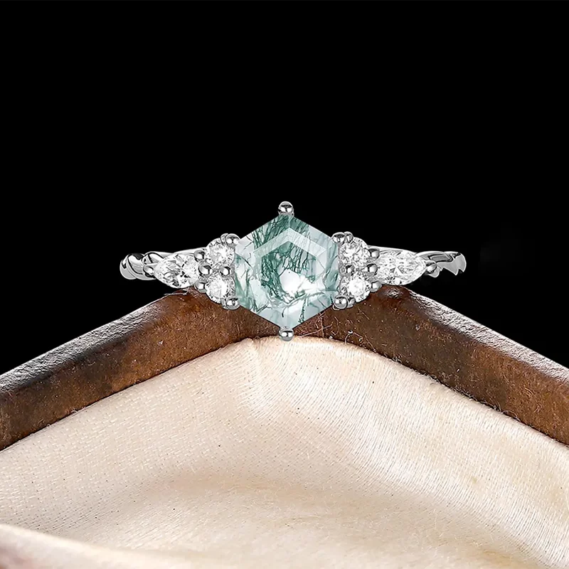 

Обручальное кольцо с шестигранной головкой из моха и агата, стерлинговое серебро 925 пробы, обручальные кольца с виноградной лозой, подарок для женщин, классический поворотный ремешок