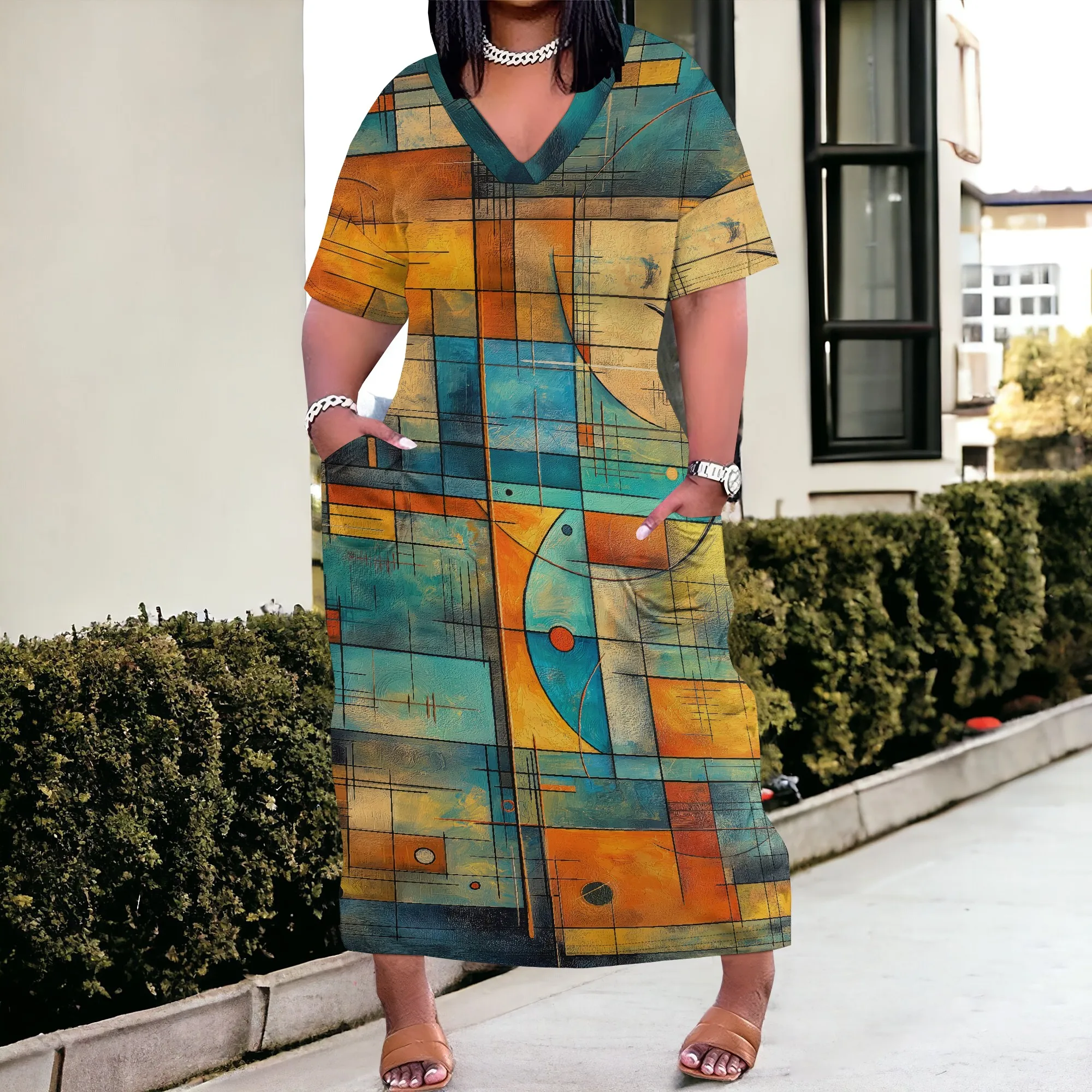

Nupusa Geometric Line Print Dress for Women Plus Size Summer Casual V Neck Short Sleeve Midi Dress
