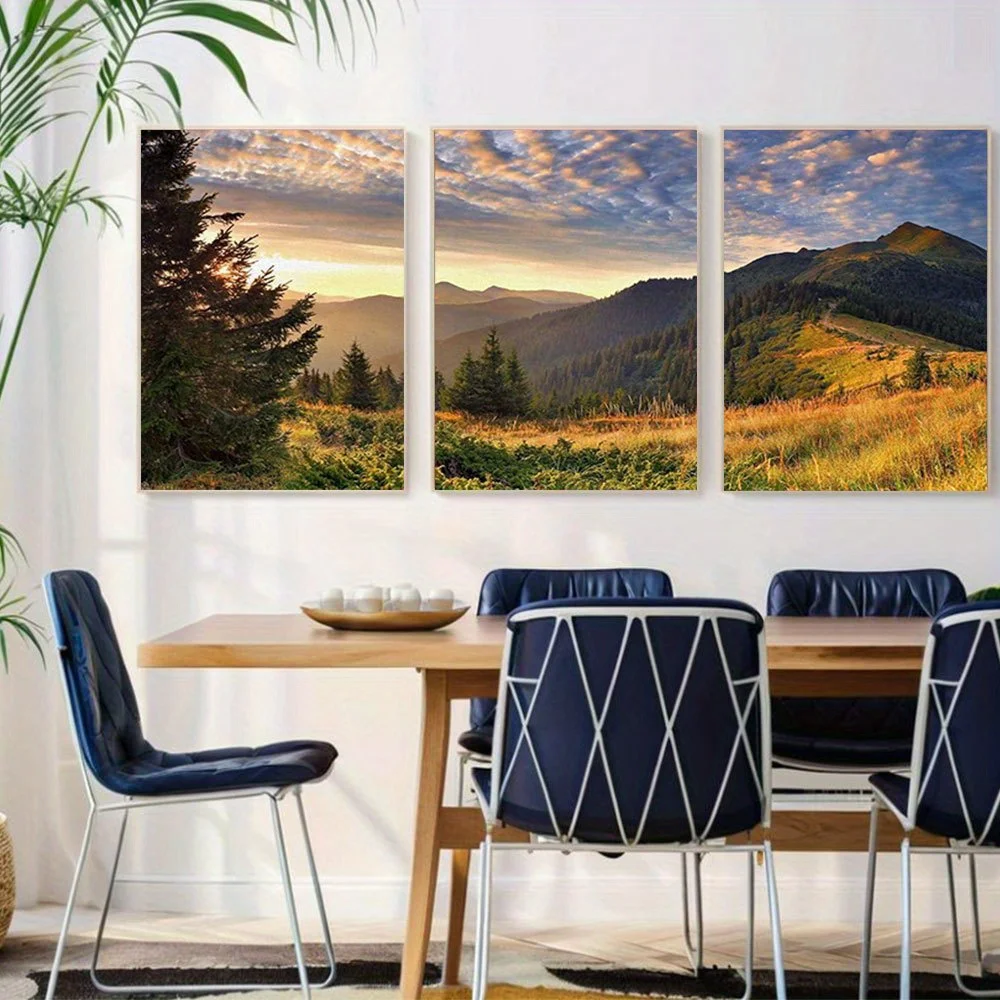 2D Flat, 2D Flat, Set of 3 Unframed Canvas Prints Depicting a Sunset Over a Green Mountain Forest, Showcasing Nature'S Wilder