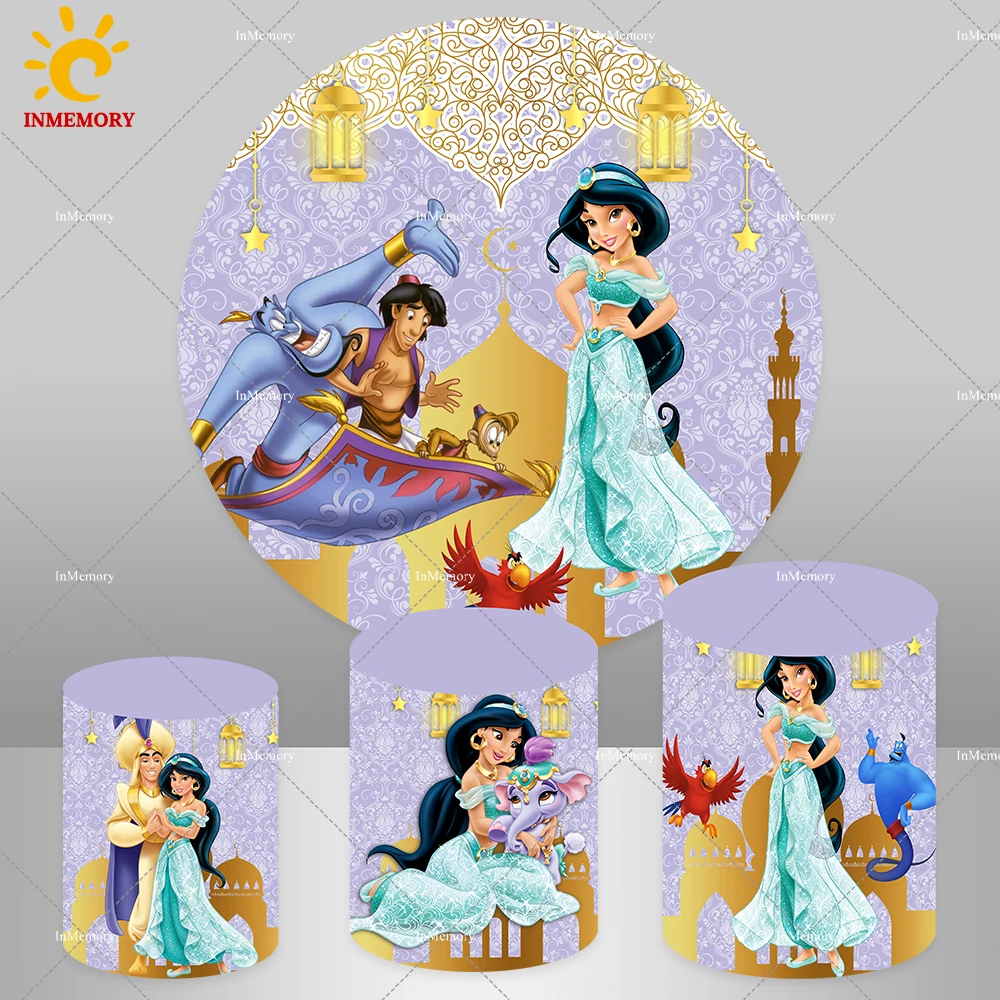 

Cartoon Aladdin Photography Background Banner Princess Jasmine Round Circle Backdrops for Birthday Party Decor Cylinder Covers