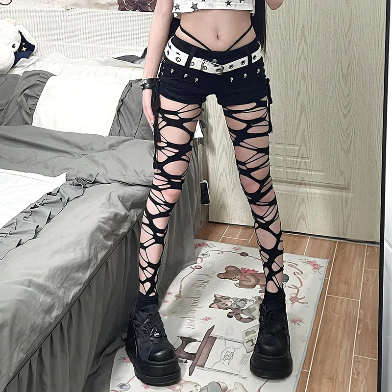 Sexy Black Ripped Fishnet Tights Fashion Women - Edgy Punk Stockings Gothic Hollow Out Mesh Pantyhose Leggings Style Streetwear