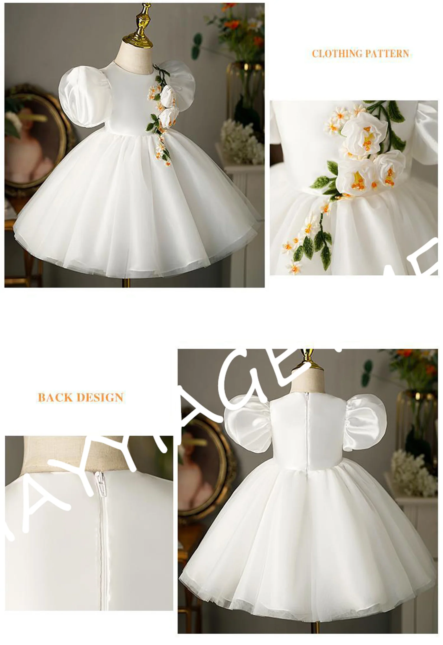 White Luxury Pageant Gown Puffy Kids Clothing Party Prom Dress Flower Girl Dress Embroidered Flowers Knee Length Show Ball Gown