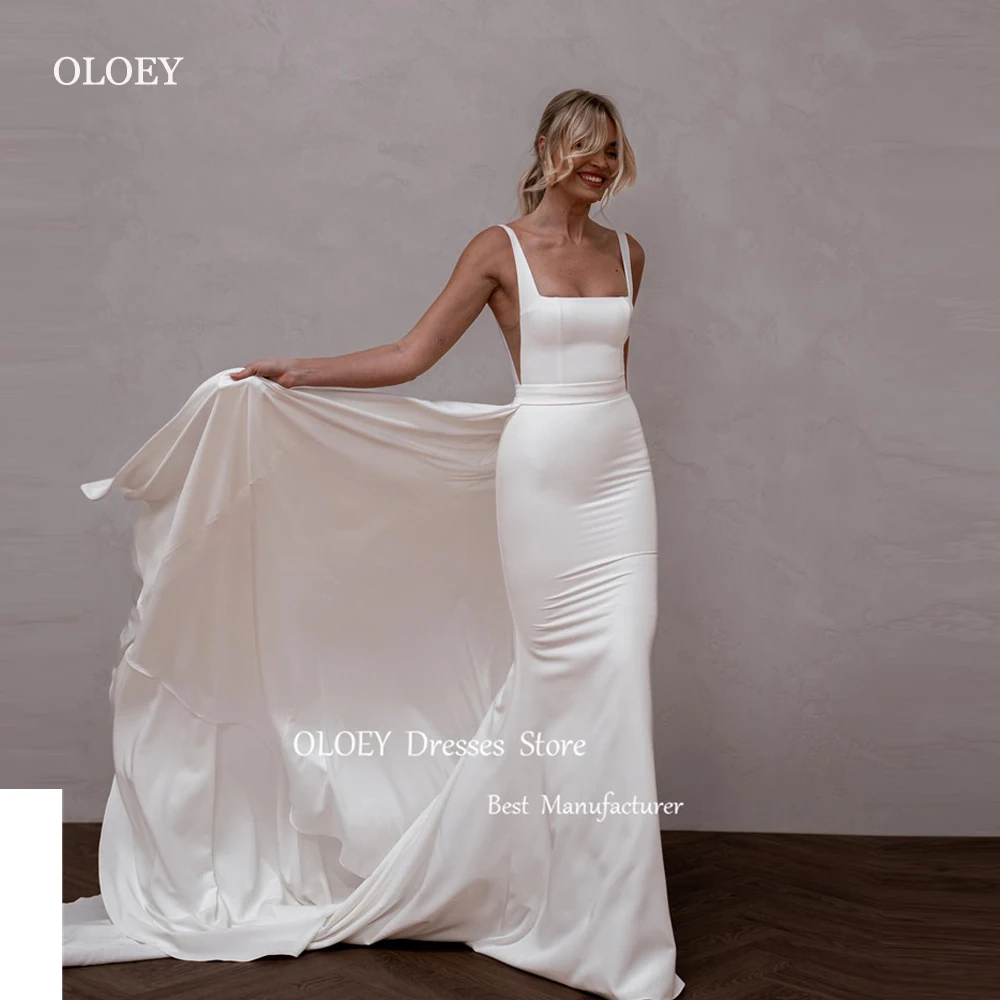 OLOEY-Robe de mariée sirène en satin, simple, avec poignées, bretelles à la traîne, pour femmes patientes, quelle que soit la taille