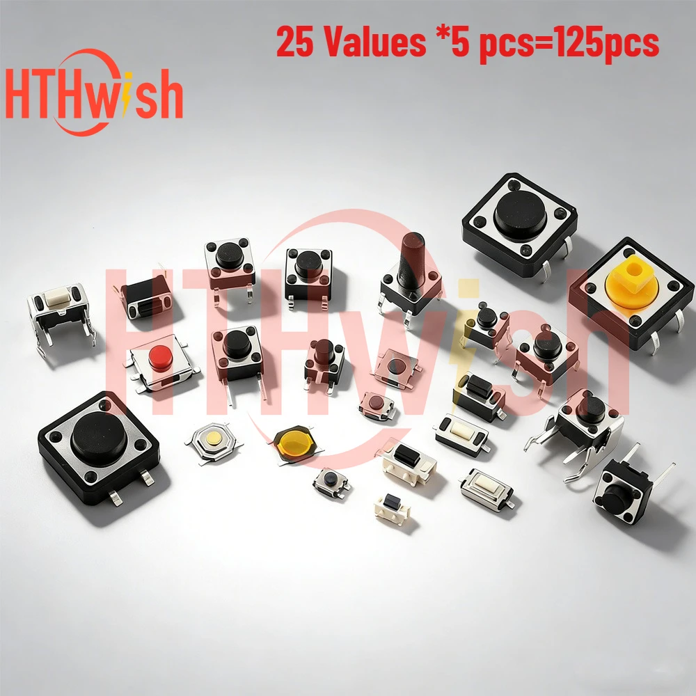 125pcs Assorted Tactile Push Button Switch Kit, Multiple Sizes Momentary Tact Switch for Arduino DIY Electronic Projects