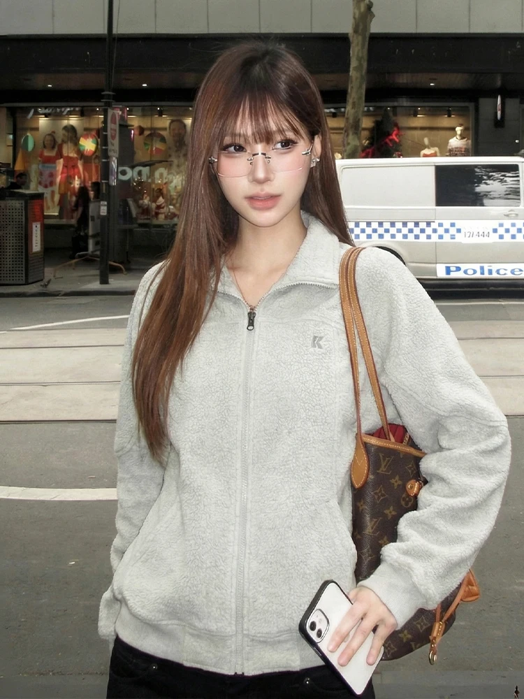 

Spring Early Embroidered Letter Zipper Women's Loose Fit Sweatirt Jaet Couple's Stand Collar Open Cardigan Slimming Outer...