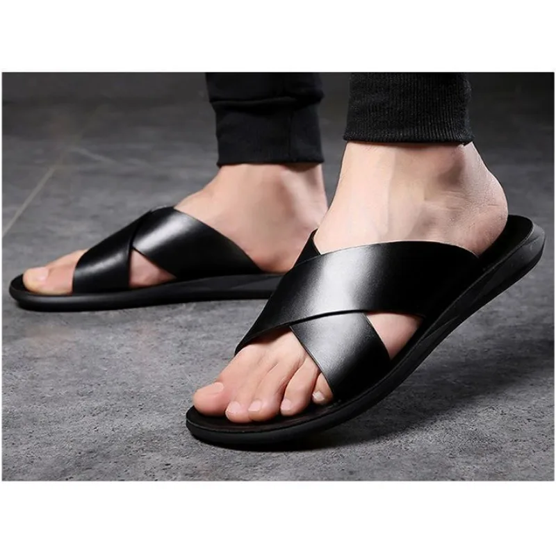 Vintage 2024 Fashion Men Shoes Summer New Men Leather Sandals Indoor Outdoor Comfort Slippers Casual Flats Beach Male Slippers