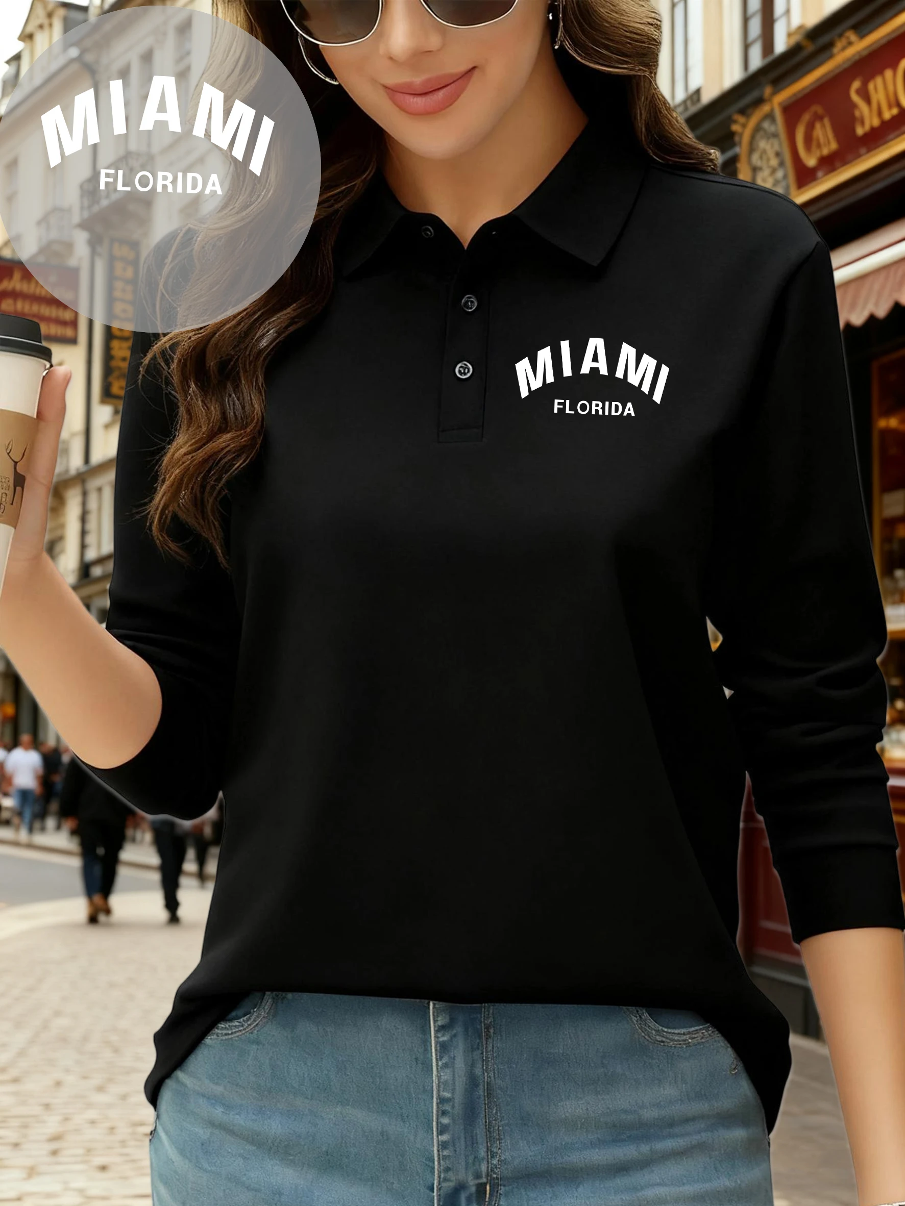 

Женская футболка с принтом Майами Флориды, США, осенняя повседневная рубашка поло, уличная одежда с флисовыми лацканами, универсальная деловая одежда унисекс с длинным рукавом