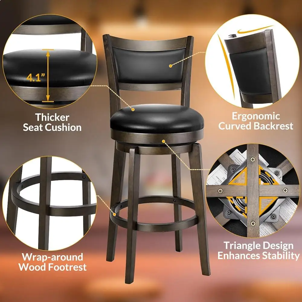 Swivel Bar Stools Set of 4 Counter Height Black Faux Leather High Back Ergonomic Kitchen Chairs 360 Degree Rotation Durable