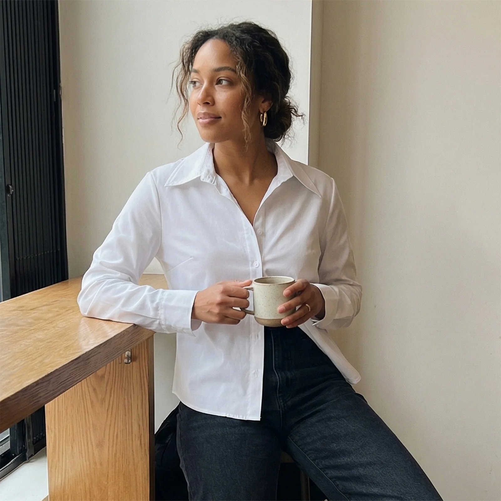 

Women Long Sleeve Turn Down Collar Button Up Shirts Spring Autumn Solid Color Slim Fit Tops