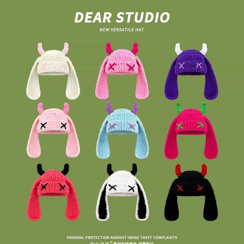 

Niche Little Devil Knitted Pullover Beanie Cap Autumn and Winter Men and Women Ear Protection Warm Funny Long Ears Bomber Hats