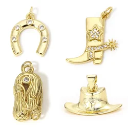 1pc Brass Charms Gold Color West Cowboy Boots Horseshoe Hat Rhinestone Pendant DIY Making Necklace  Women Men Jewelry Findings