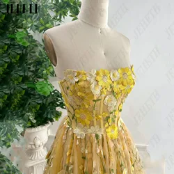 Real Photo Strapless Prom Dress Sleeveless A-Line Floral Print Long Party Gowns Lace Up Floor Length 3D Flowers Robes De Soirée