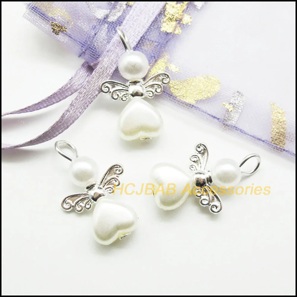 20 New White Acrylic Angel Charms Silver Plated Tiny Heart Pendants 14x22mm