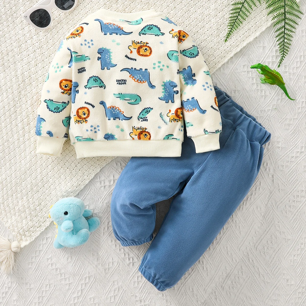 hibobi 2pcs Baby Boy Warm Sweatshirt Set, Rocker Fleece Loungewear, Dinosaur Printed Top, Suitable For Fall And Winter Wear