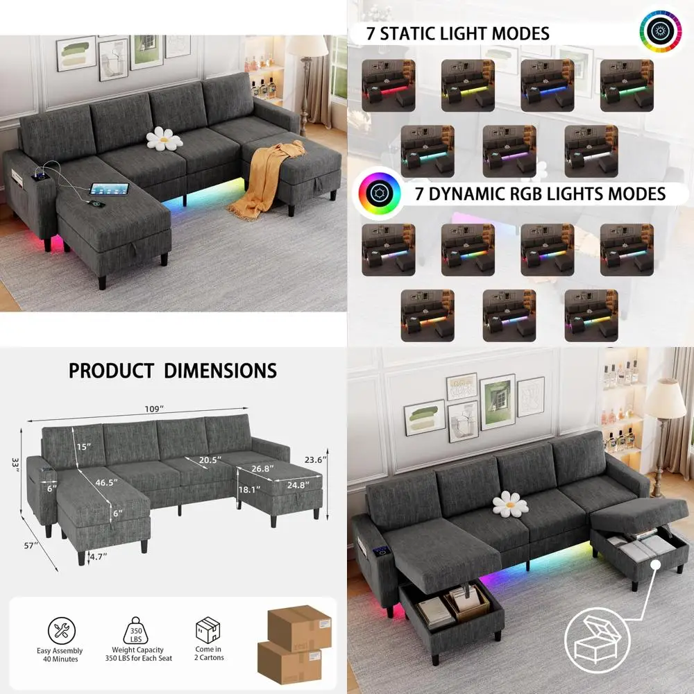 Льняной 4-местный секционный диван с двусторонним шезлонгом и пуфиком для хранения вещей, U-образная мебель для гостиной