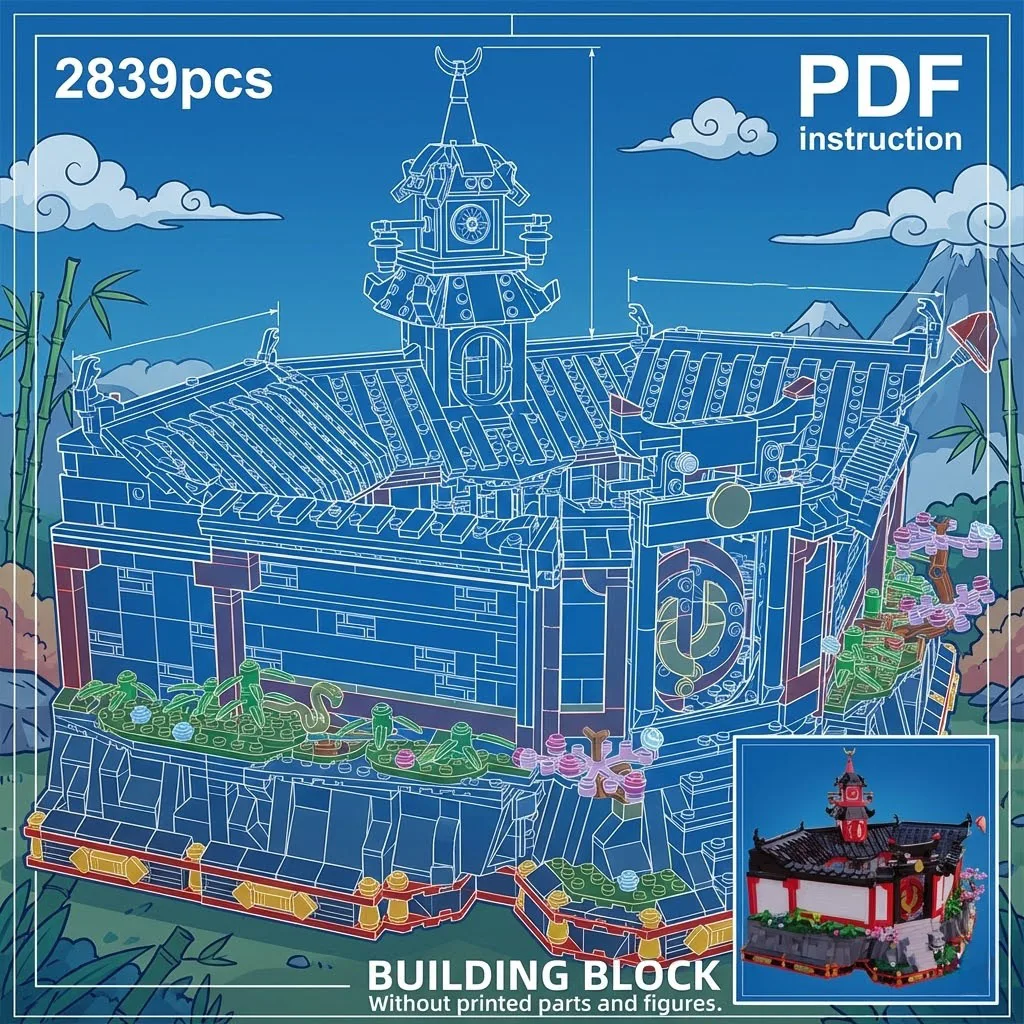 

Модель-конструктор MOC: Павильон с часовой башней, японский храм, с крышей-пагодой и основанием в виде камня Сакура