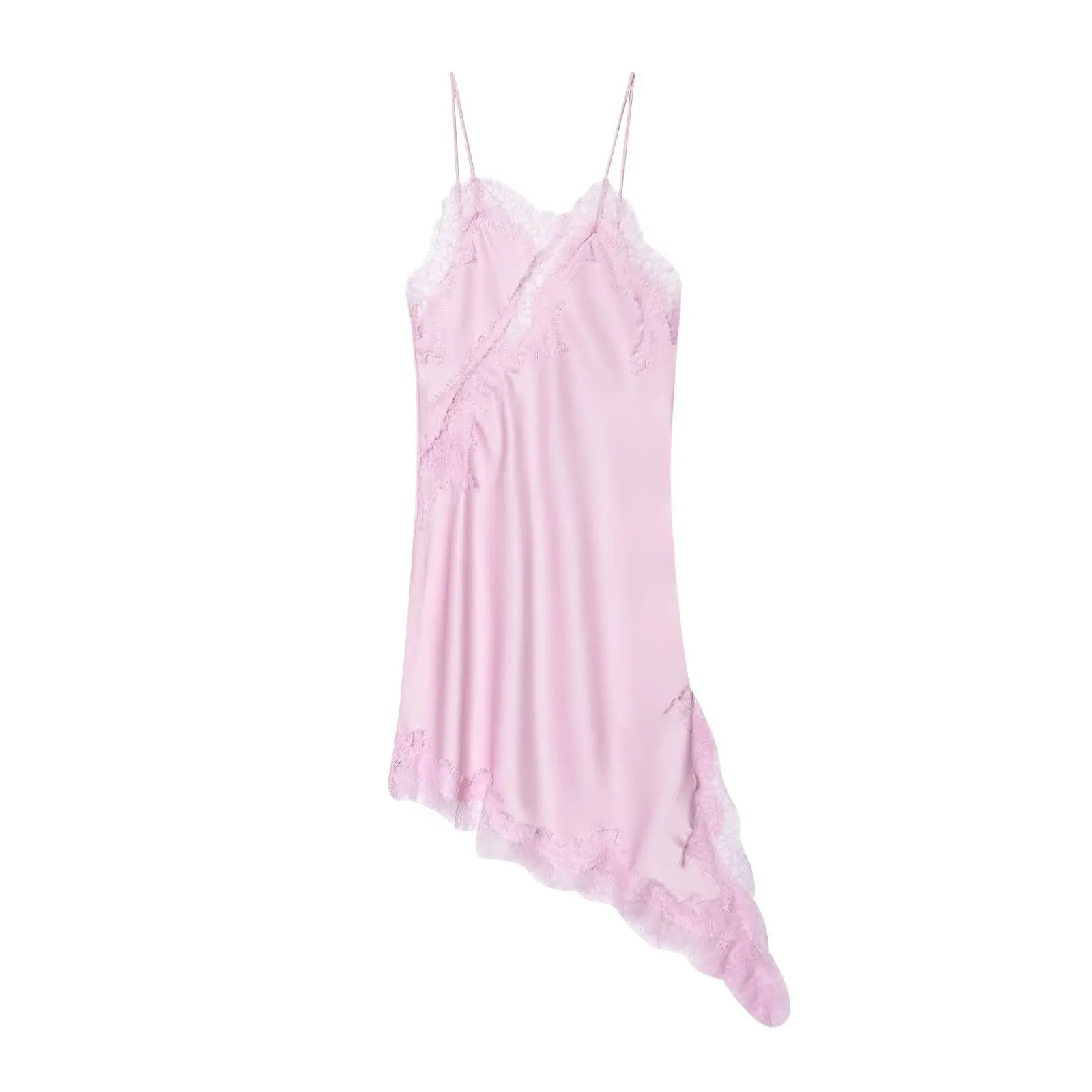 ブラウンサテンレーススプライシングスリングドレス女性エレガントな不規則な裾 V ネックバックレスノースリーブガウンシックな女性パーティークラブ Vestidos