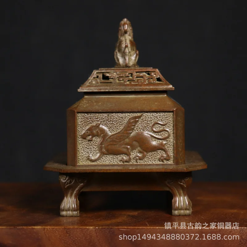 Brass Incense Chinese Style Home Office Aromatherapy Vintage Antique Four Mythical Beasts Square Burner Metal Craf