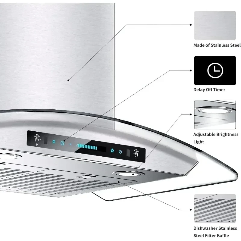 Wall Mount Range Hood Tempered Glass Kitchen Chimney Vent Stainless Steel with Gesture Sensing & Touch Control Switch Panel