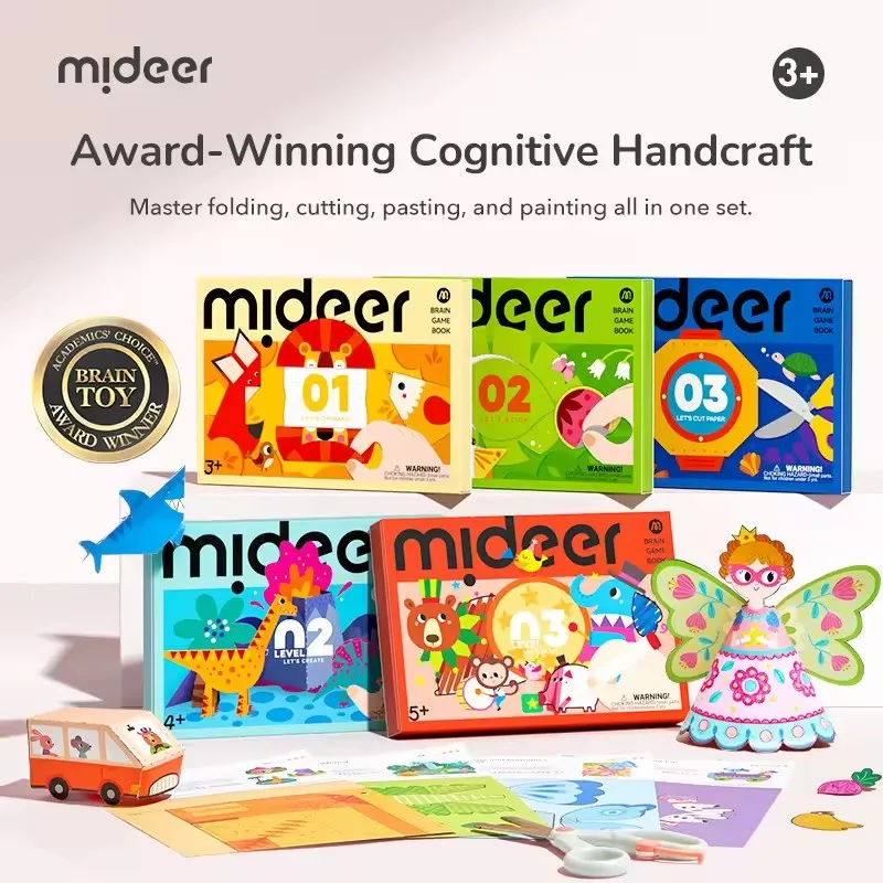 Mideer Level Up Brain Game Book Kid Advanced Handcrafted Educational Painting Origami Stickers Creative Cut Book Sets 3Y +