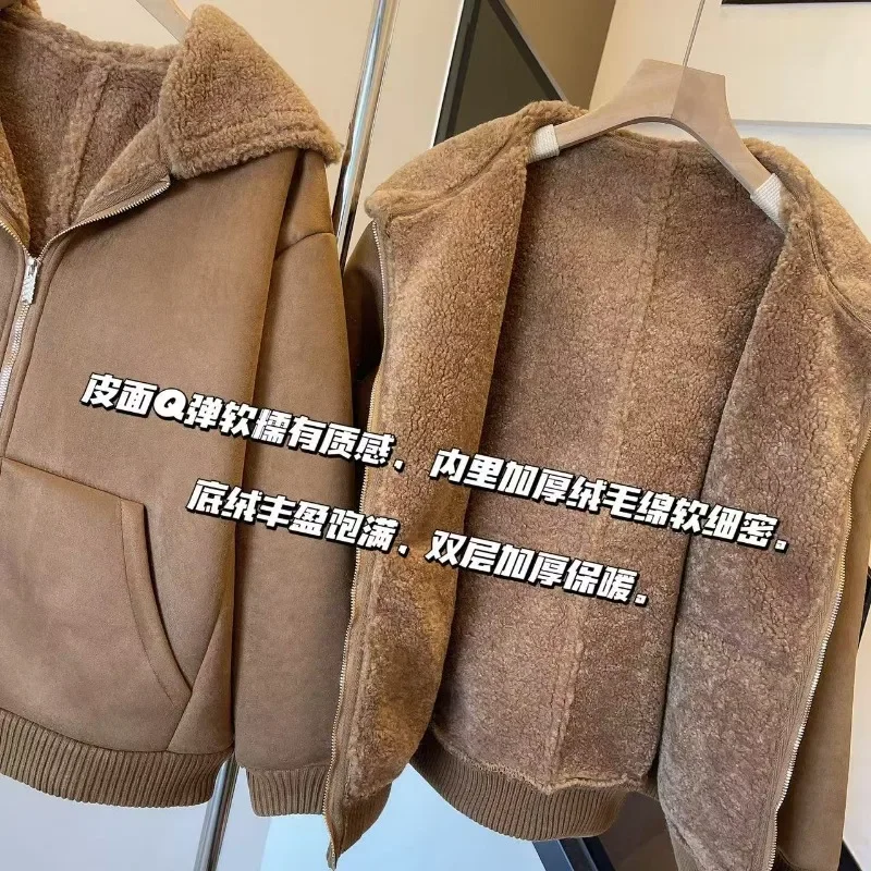 Retro Brown Fur Integrated Hooded Sweatshirt Women's Winter Coat Loose Fur-Liner Thicken Outerwear Hoodie Jacket Women's Clothes