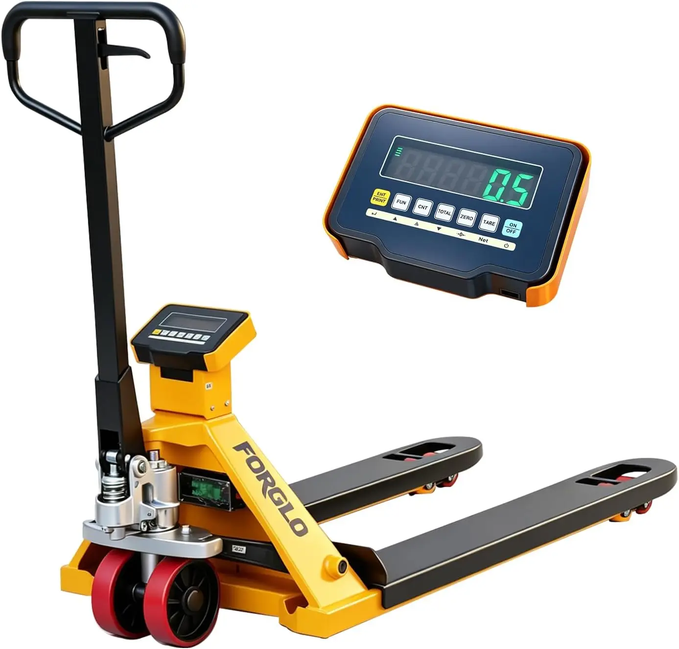 

Pallet Jack Scale 6600 lbs Capacity 48 x 27 Forks Lb Kg Switchable LCD Display Manual Hydraulic Pallet Truck w Electronic