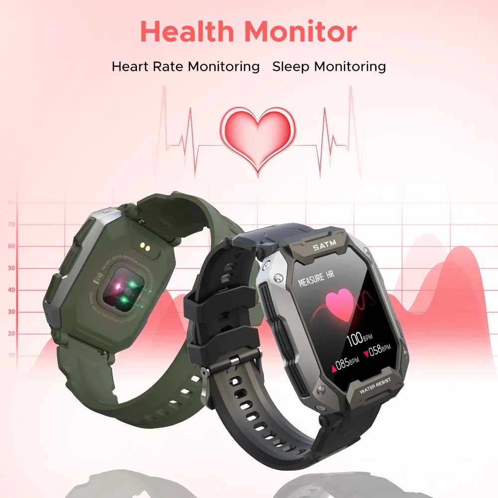 ساعة ذكية مقاومة للماء للرجال والنساء ، ساعة ذكية تعمل بالبلوتوث بمعدل ضربات القلب ، جهاز تعقب اللياقة البدنية في الهواء الطلق ، متين ، 5ATM