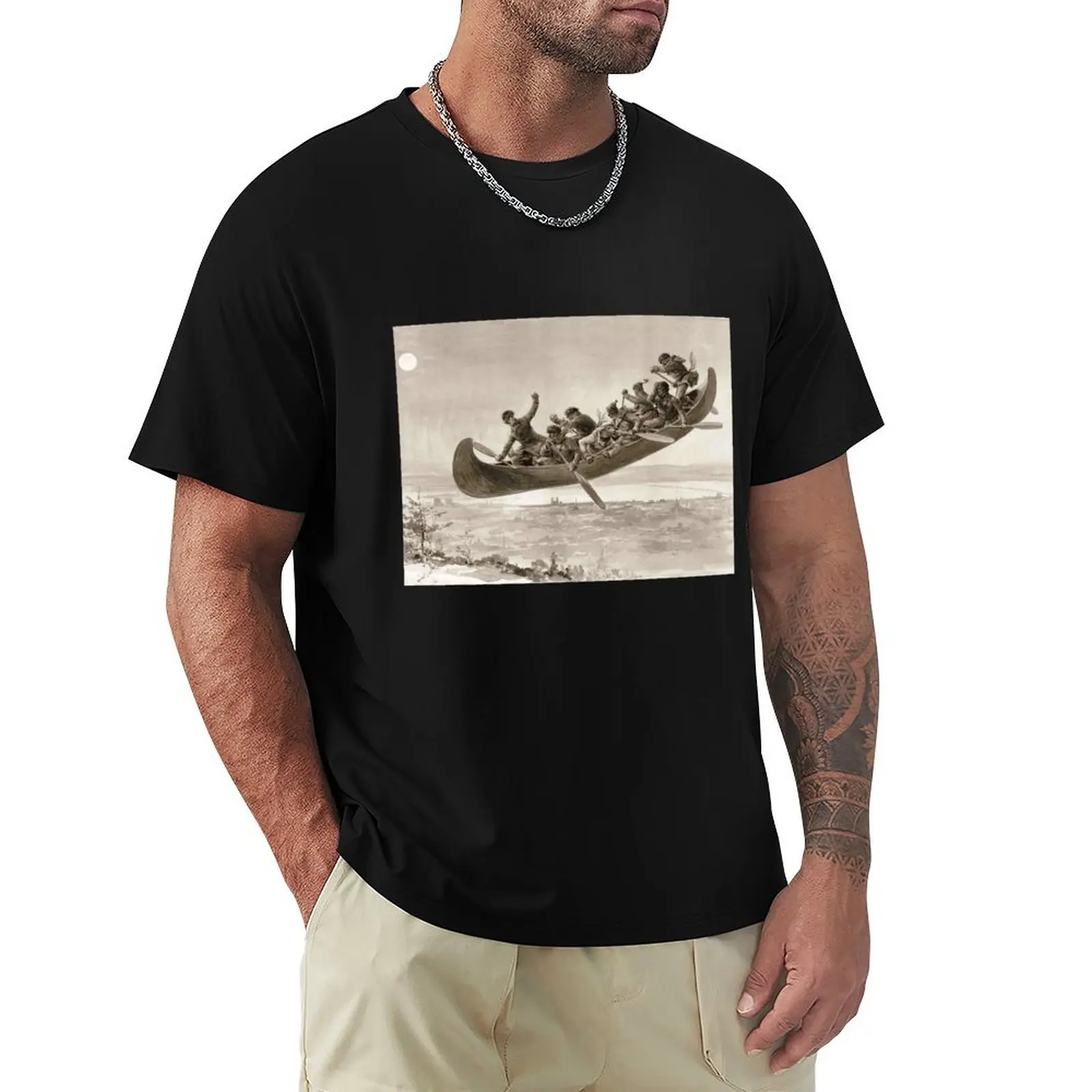 

La chase galerie by Henri Julien - Tshirt - The Bewitched Canoe - The Flying Canoe T-Shirt All Match Print Short Sleeve Top