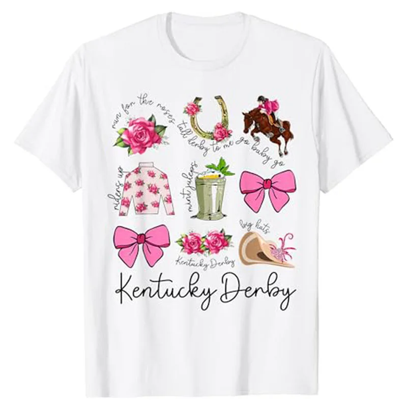 Womens Pink Coquette Bow Derby Day Horse Racing Derby T-Shirt Fashion Short Sleeve Blouses Cute Graphic Outfits Commemorate Gift