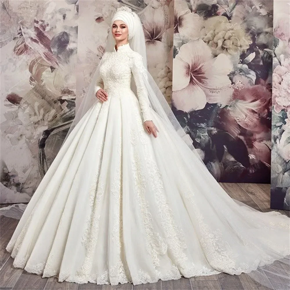 

Jane Eyre Luxury Muslim Wedding Dresses High Neck Long Sleeve Tulle Lace Applique Beading Bridal Gown Vestidos de Novia
