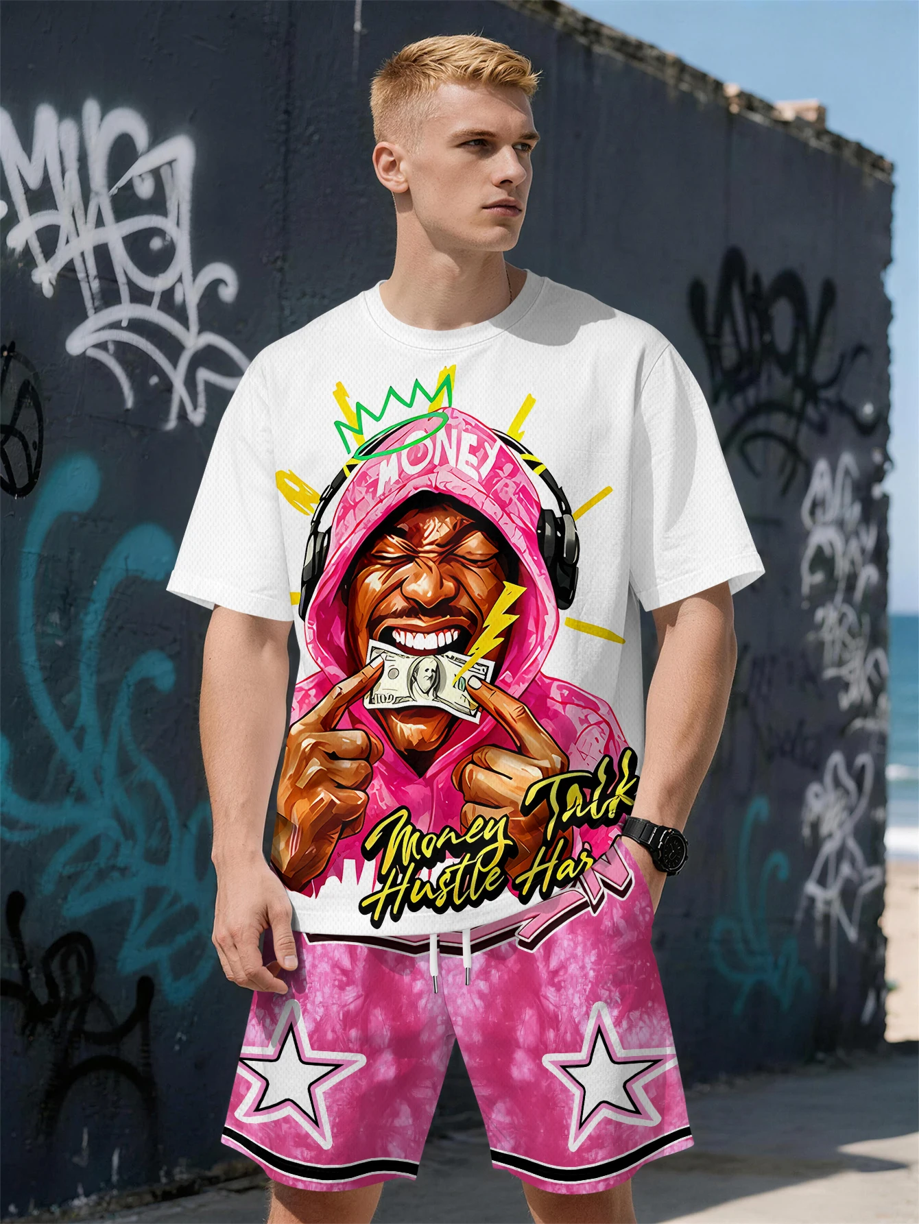 

2026 Summer New Men's Short-Sleeved Set with 3D Trendy Print Fashion Street Style Comfortable Lightweight and Soft