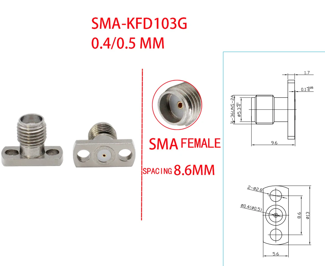 1 New SMA-KFD103 stainless steel 2-hole Female Panel Flange Jack 8.6mm SMA-KFD insert glass bead 0.4/0.5