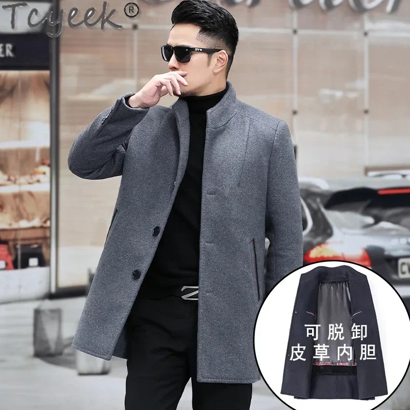 Tcyeek 68% Wool Coat Men Winter Clothes Casual Mid-length Woolen Coats Rabbit Fur Liner Detachable Casaco Masculino Slim Fit