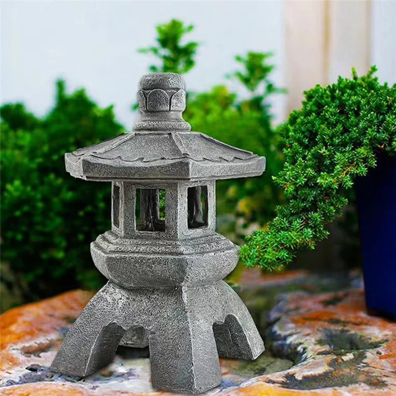 ABLU-Garden Accessory Ornament Solar Powered Resin Pagoda Lantern Palace Lanterns Tower Statue Solar Lamp Garden Decor A Easy In