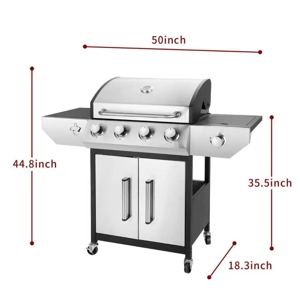 53000 BTU Gas Grill & Enameled Cast Iron Grates, 4 Main & Side Burner Propane Patio Garden, Custom view 3