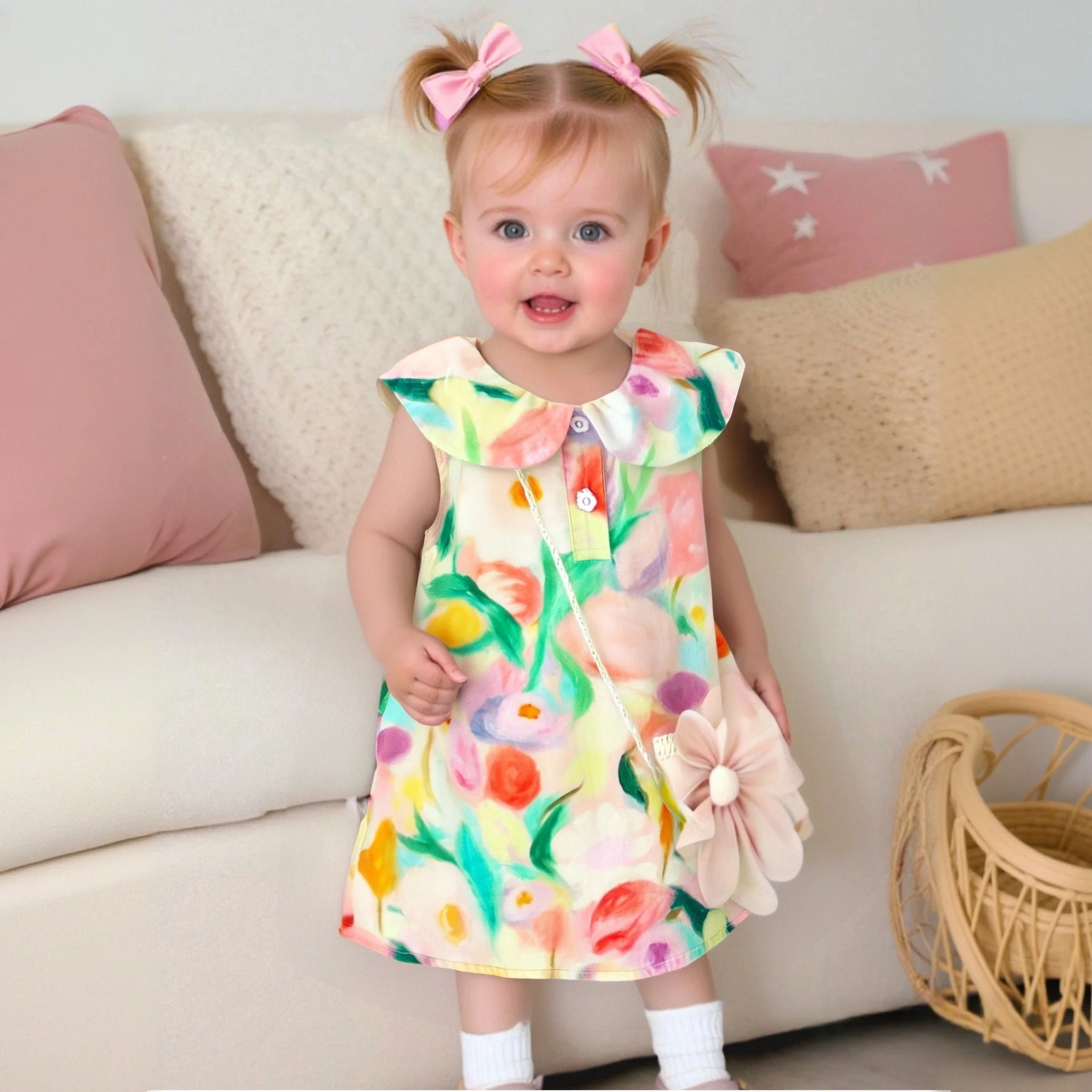 Baby Mädchen Kleid Sommer Neue Revers Handgemalte Wind Blumen Und Diagonal Kreuz Kleine Blume Tasche Süße Prinzessin Kleid