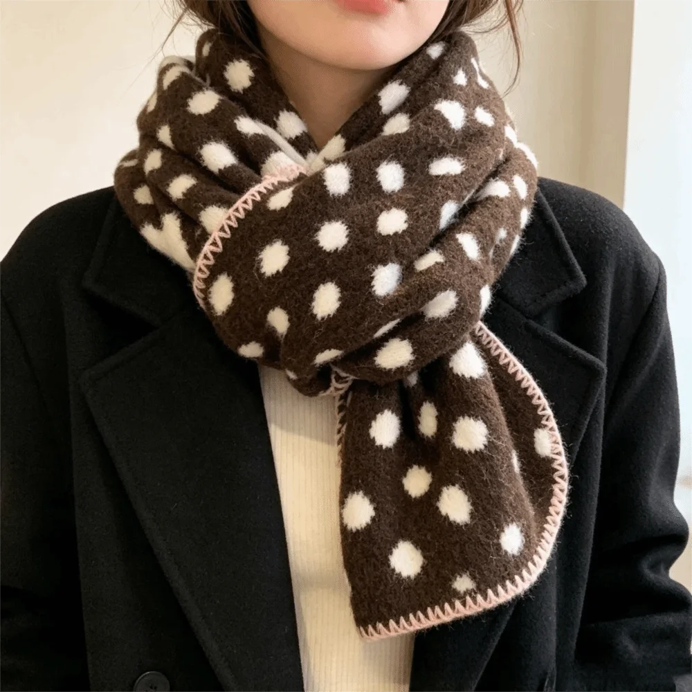Fashion Color-Block Polka Dot Scarf Lightweight Windproof Wool Scarf Double-Sided Warm Neck Warmer Student