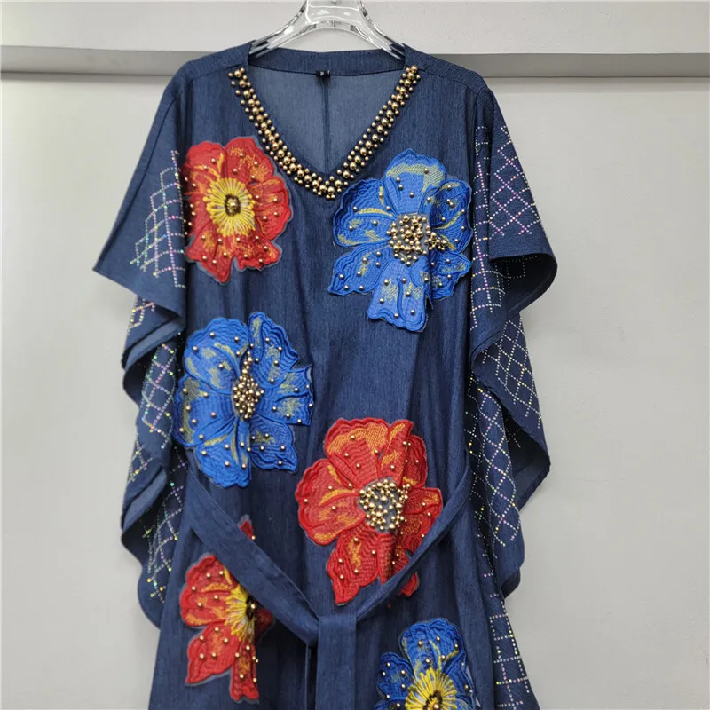 ANJY 2025 Autumn New Women's Denim Dress Loose V-neck Heavy Embroidered Flares Appliques Chic Fashionable Elegant Dresses A13911