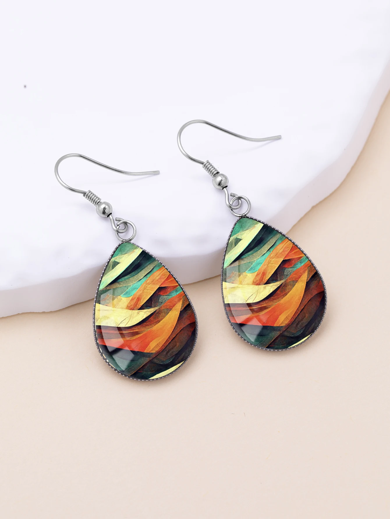1 Paar Ohrringe mit abstraktem Farbwellenmuster, konvexem Glas und Wassertropfen-Ohrhaken aus 316er Edelstahl, im klassischen und schlichten Stil, geeignet für Frauen als Schmuck oder Geschenk für den